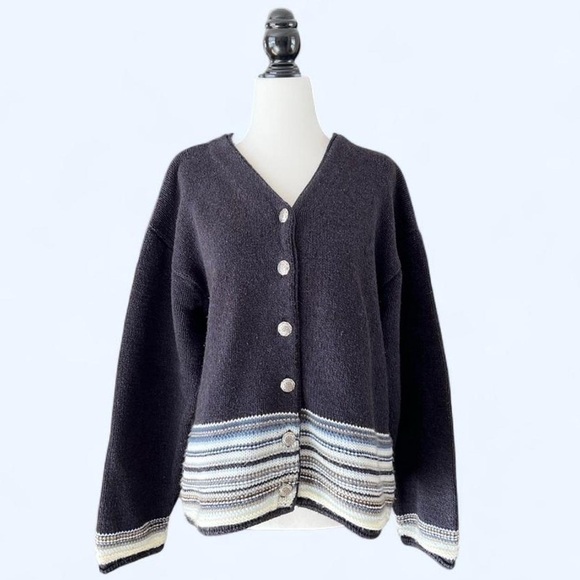 Cottage Cove Sweaters - Vintage 90s Cottage Cove Blue Striped Chunky Knit Cozy Cardigan Sweater